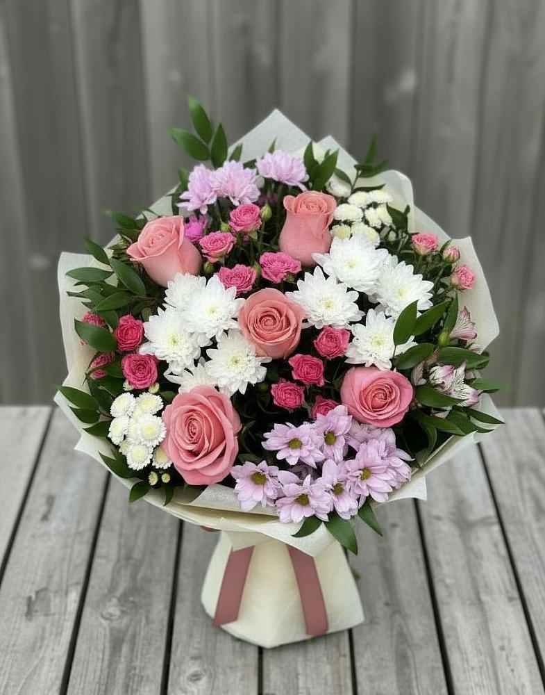 Букет цветов из: Альстромерии, Гвоздики, Розы и Хризантемы в Красный Яр Тульская область