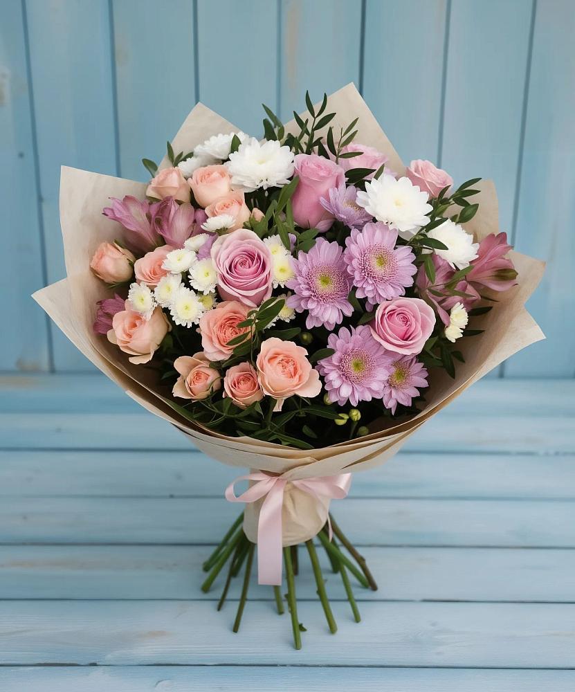 Букет цветов из: Хризантемы, Розы и Альстромерии в Красный Яр Тульская область