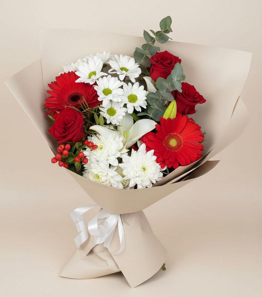 Букет цветов из: Розы, Хризантемы, Герберы и Лилии в Красный Яр Тульская область