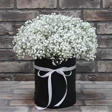 Цветочная композиция из Гипсофила в шляпной коробке в Красный Яр Тульская область