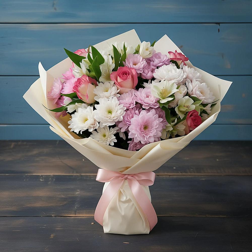 Букет цветов из: Хризантемы, Альстромерии и Розы в Красный Яр Тульская область